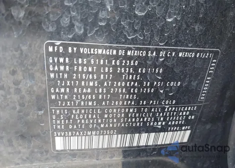 2021 Volkswagen Tiguan 2.0T Se/2.0T Se R-Line Black/2.0T Sel from USA, damaged, VIN 3VV3B7AX2MM073502